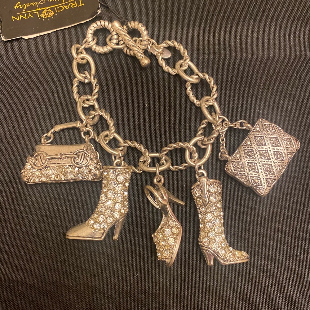 Silver Charm Bracelet with Rhinestone Accents